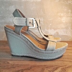 480a. cream tan Franco Sarto "Ambrosia" canvas platform wedge sandals, 7.5